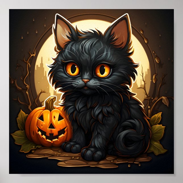 Retro Black Cat Halloween Spooky Orange Pumpkin Poster (Front)