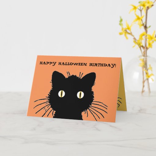 Retro Black Cat Happy Halloween Birthday Card | Zazzle