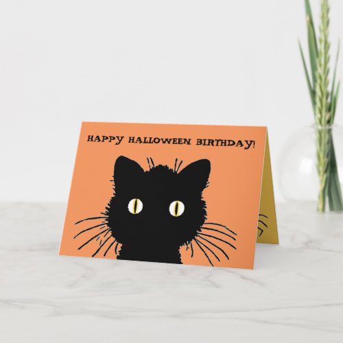 Retro Black Cat Happy Halloween Birthday Card