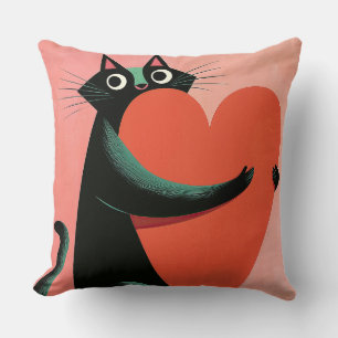 Retro Black Cat Heart Pastel Pink Decor Throw Pillow