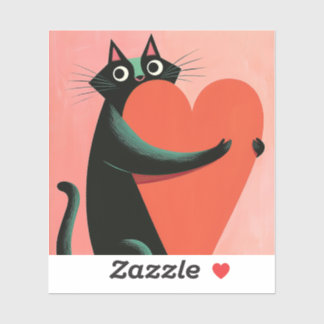 Retro Black Cat Hugging Heart Cute Sticker
