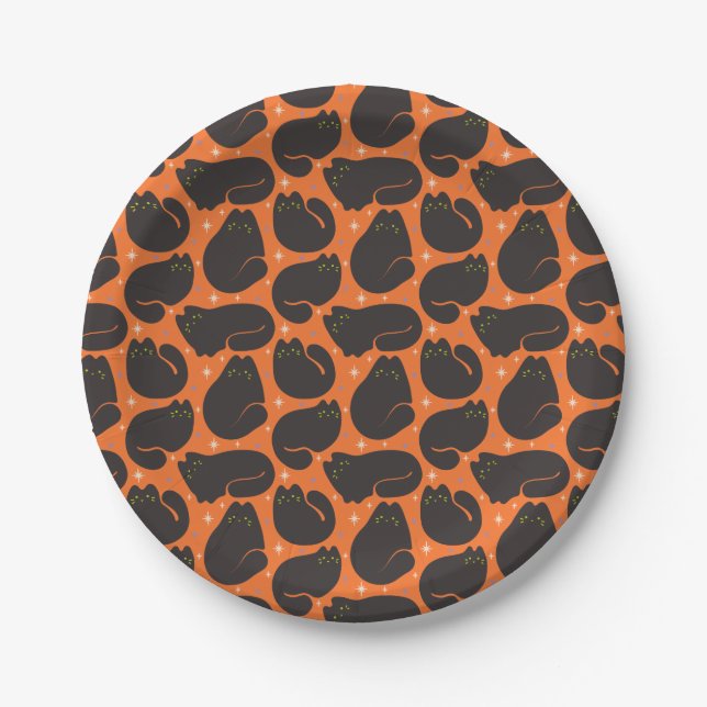 Retro Black Cat in Orange Paper Plates (Front)
