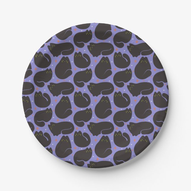Retro Black Cat in Purple Paper Plates (Front)