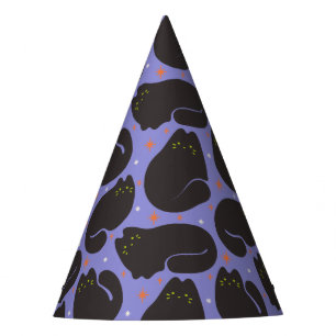 Retro Black Cat in Purple Party Hat