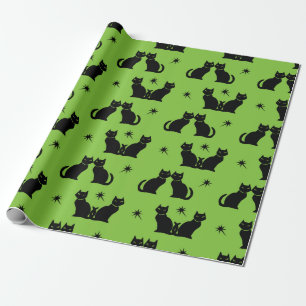 Retro Black Cat Kitty on green wrapping paper