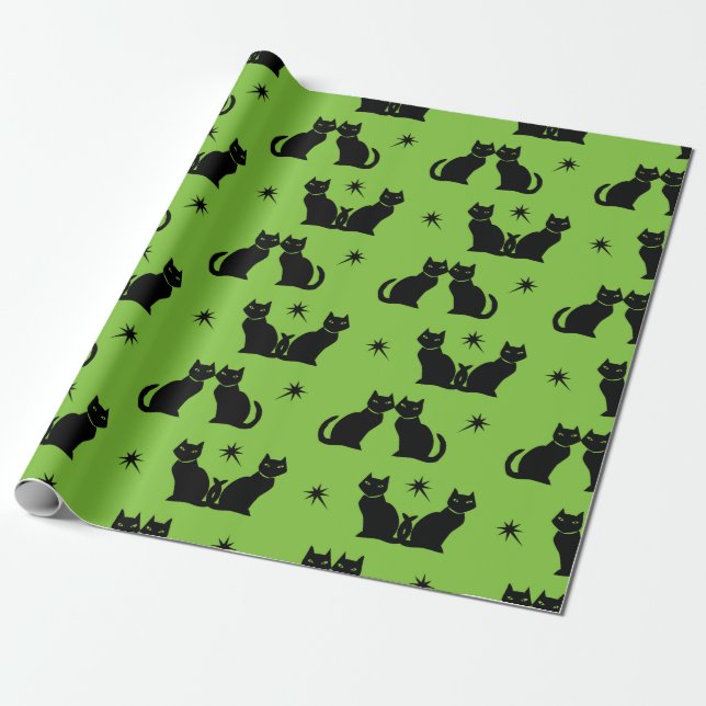 Retro Black Cat Kitty on green wrapping paper (Unrolled)