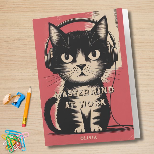 Retro Black Cat, Mastermind At Work & Name,Funny Pocket Folder (Creator Uploaded)