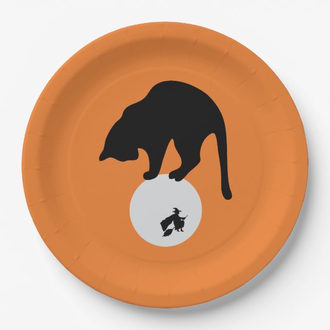 Retro Black Cat on the Moon Halloween Paper Plates (Front)