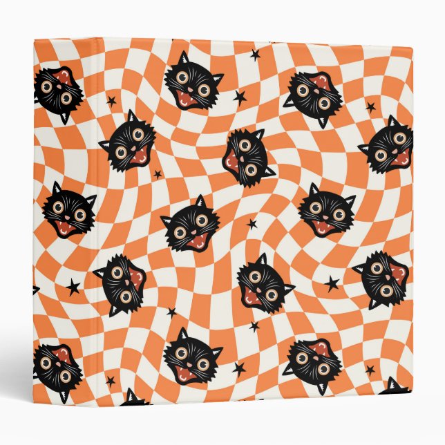 Retro Black Cat Orange Check Pattern 3 Ring Binder (Front/Spine)