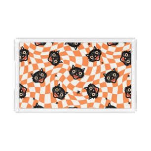 Retro Black Cat Orange Check Pattern Acrylic Tray