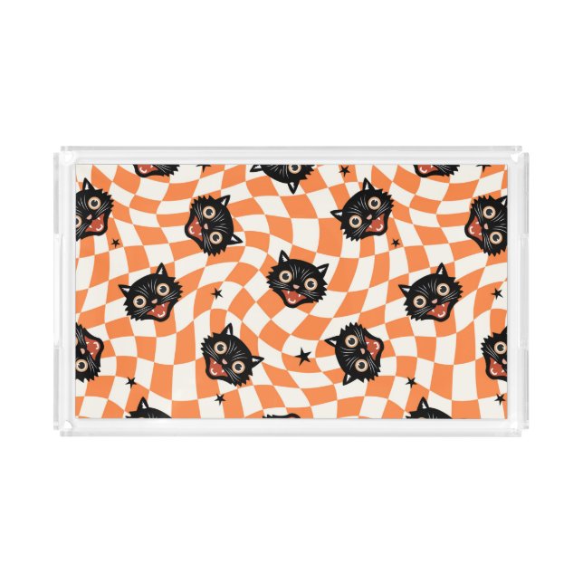 Retro Black Cat Orange Check Pattern Acrylic Tray (Front)