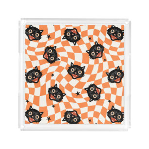 Retro Black Cat Orange Check Pattern Acrylic Tray