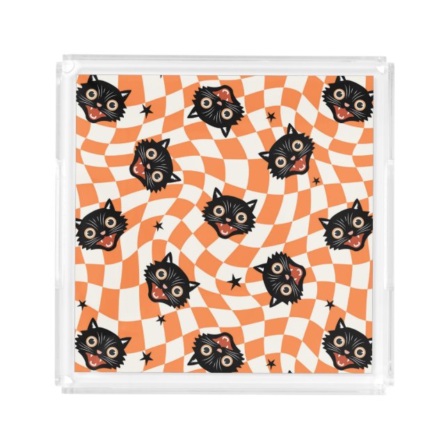 Retro Black Cat Orange Check Pattern Acrylic Tray (Front)