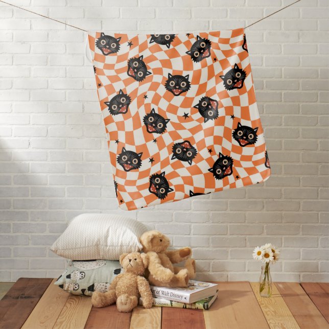 Retro Black Cat Orange Check Pattern Baby Blanket (In Situ)