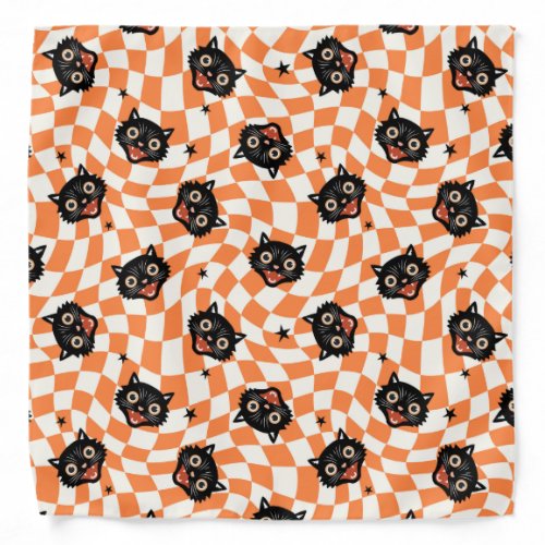 Retro Black Cat Orange Check Pattern Bandana