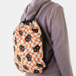 Retro Black Cat Orange Check Pattern Drawstring Bag