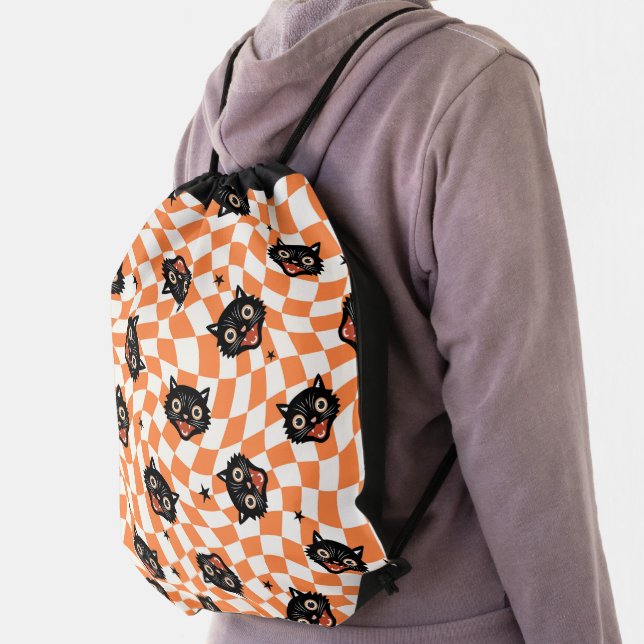 Retro Black Cat Orange Check Pattern Drawstring Bag (Insitu)