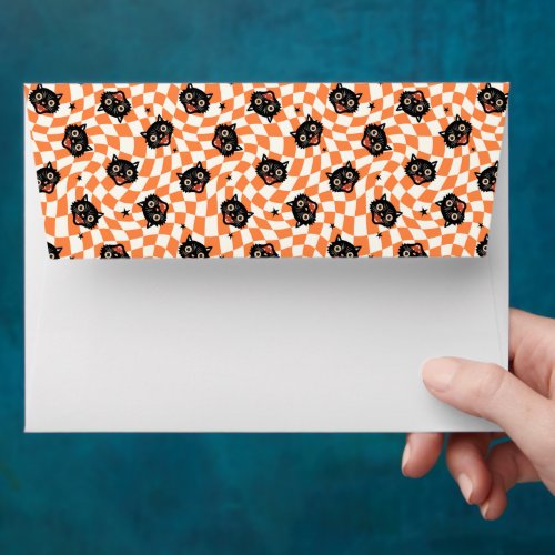 Retro Black Cat Orange Check Pattern Envelope