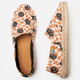 Retro Black Cat Orange Check Pattern Espadrilles