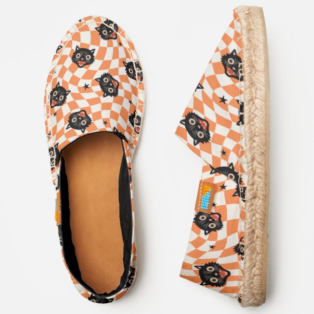 Retro Black Cat Orange Check Pattern Espadrilles (Side)