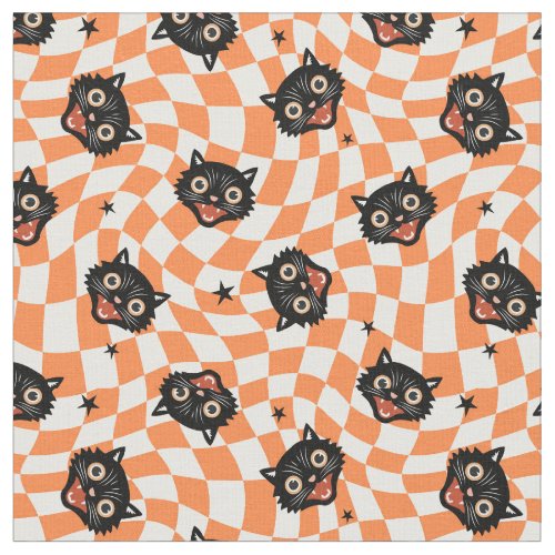 Retro Black Cat Orange Check Pattern Fabric