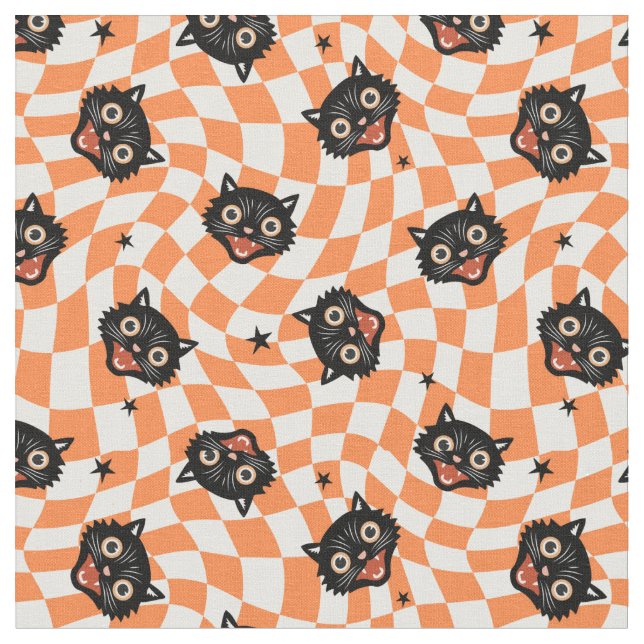 Retro Black Cat Orange Check Pattern Fabric (Close Up)