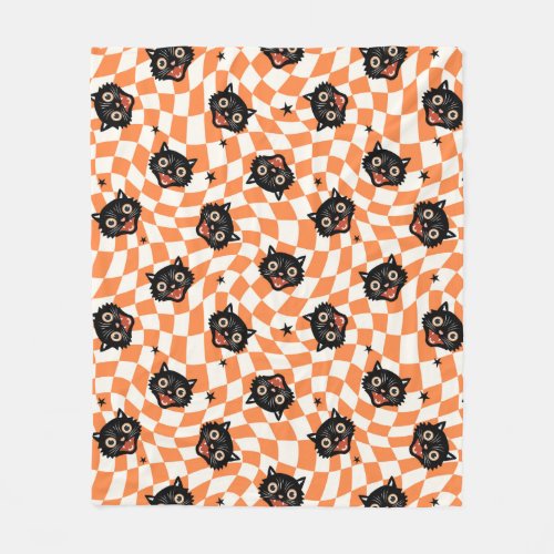 Retro Black Cat Orange Check Pattern Fleece Blanket