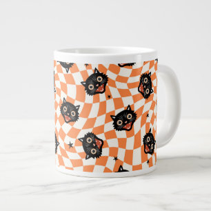 Retro Black Cat Orange Check Pattern Giant Coffee Mug