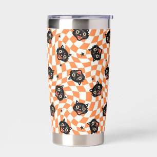 Retro Black Cat Orange Check Pattern Insulated Tumbler