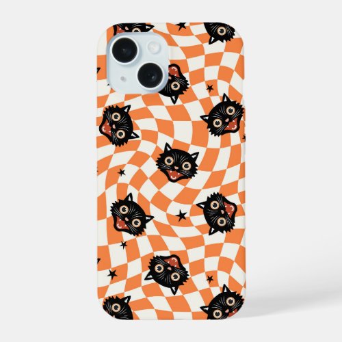 Retro Black Cat Orange Check Pattern iPhone 15 Case