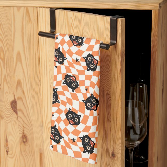Retro Black Cat Orange Check Pattern Kitchen Towel (Thirds Fold)