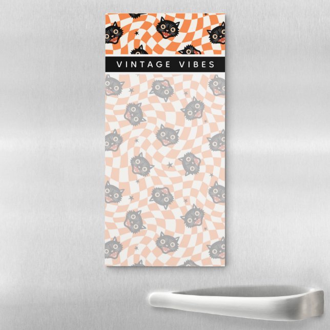 Retro Black Cat Orange Check Pattern Magnetic Notepad (In Situ)