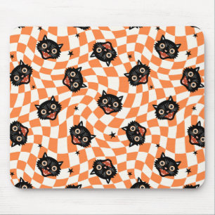 Retro Black Cat Orange Check Pattern Mouse Pad