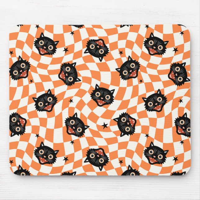 Retro Black Cat Orange Check Pattern Mouse Pad (Front)