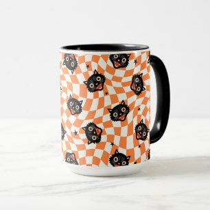 Retro Black Cat Orange Check Pattern Mug