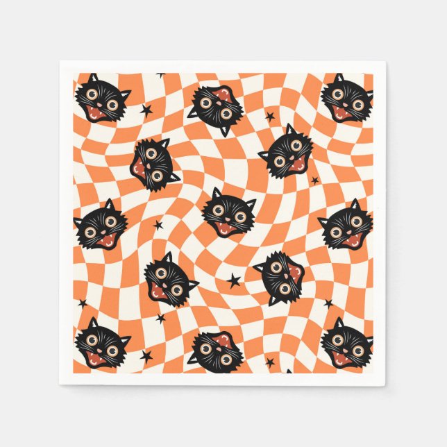 Retro Black Cat Orange Check Pattern Napkins (Front)
