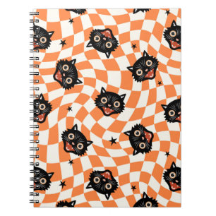 Retro Black Cat Orange Check Pattern Notebook