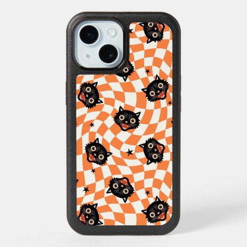 Retro Black Cat Orange Check Pattern iPhone 15 Case