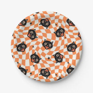 Retro Black Cat Orange Check Pattern Paper Plates