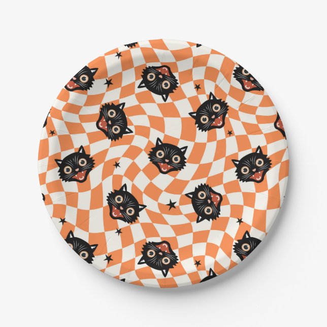 Retro Black Cat Orange Check Pattern Paper Plates (Front)