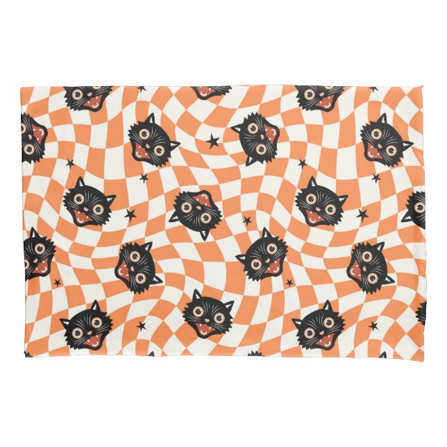 Retro Black Cat Orange Check Pattern Pillow Case (Front)