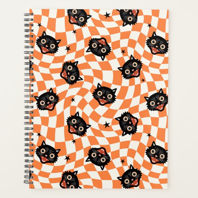 Retro Black Cat Orange Check Pattern Planner (Front)