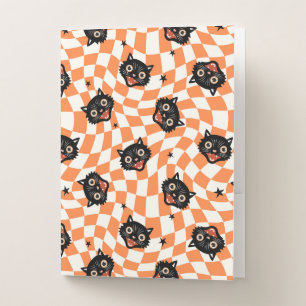Retro Black Cat Orange Check Pattern Pocket Folder