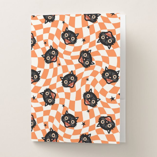 Retro Black Cat Orange Check Pattern Pocket Folder (Front)