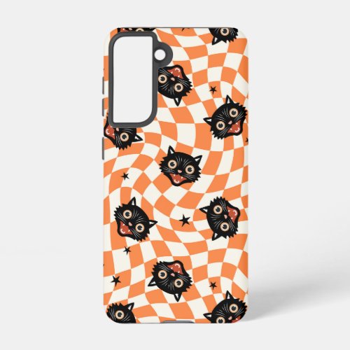 Retro Black Cat Orange Check Pattern Samsung Galaxy S21 Case