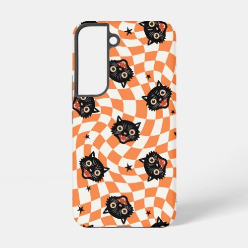 Retro Black Cat Orange Check Pattern Samsung Galaxy S22 Case