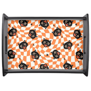 Retro Black Cat Orange Check Pattern Serving Tray