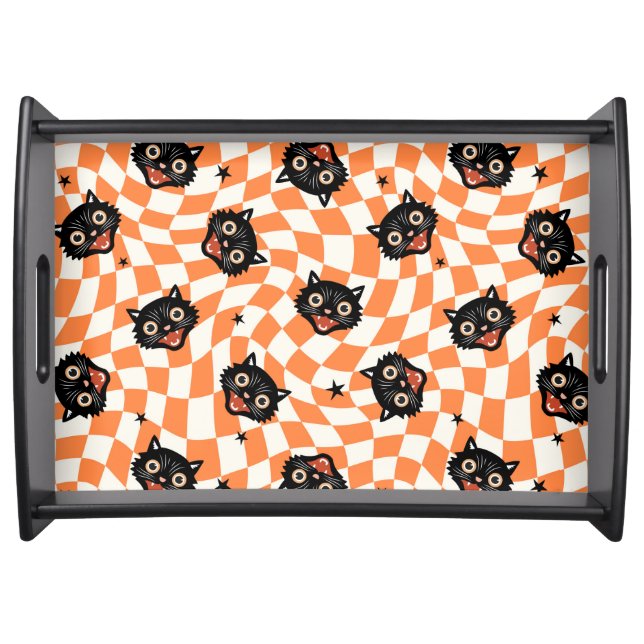 Retro Black Cat Orange Check Pattern Serving Tray (Front)