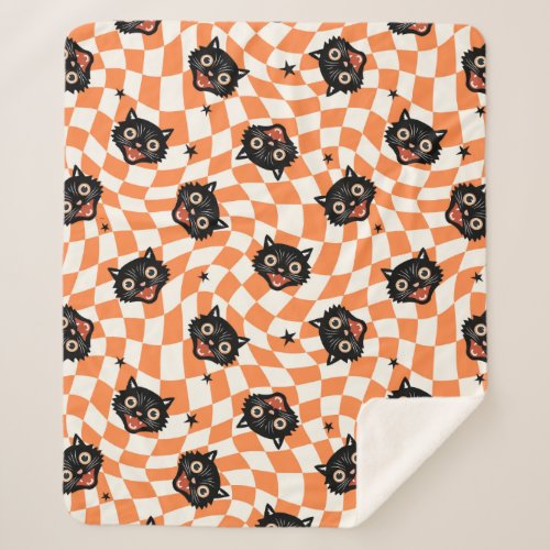 Retro Black Cat Orange Check Pattern Sherpa Blanket