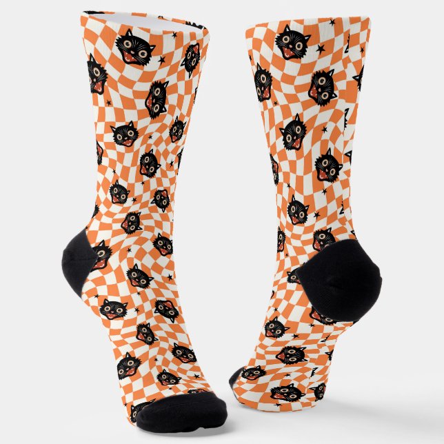 Retro Black Cat Orange Check Pattern Socks (Angled)
